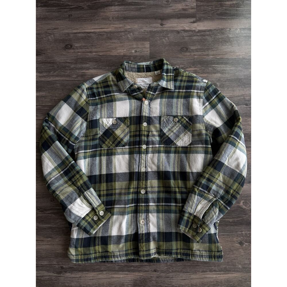 Weatherproof Vintage Shirt Jacket Mens M Sherpa Lined Flannel Navy Green Plaid